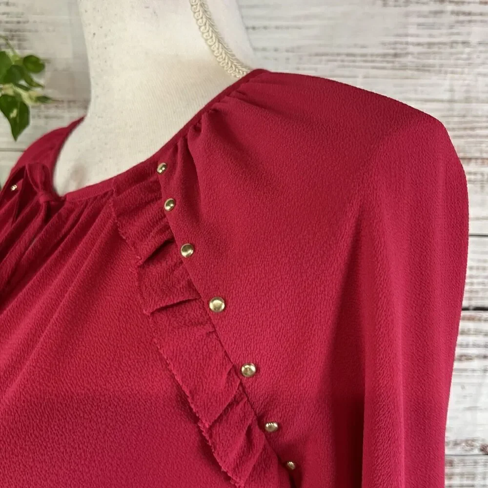 Michael Kors Tunic Blouse size Extra Small Dark Pink Crepe Ruffles Studs Bow Tie